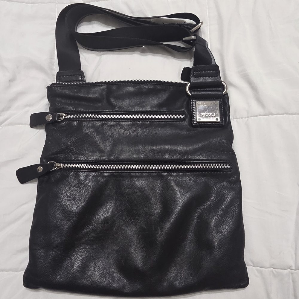 Nicole Black Leather Satchel Crossbody Bag with Silver Hardware